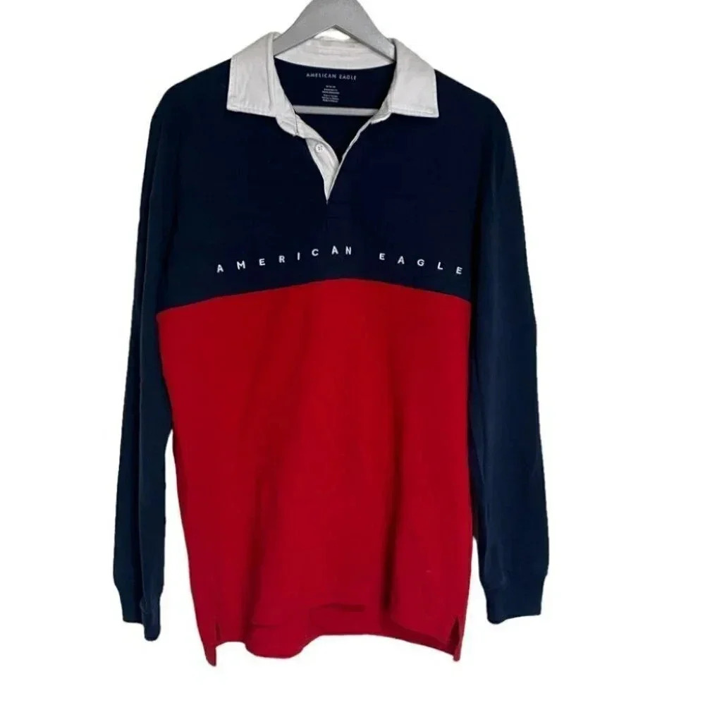 American Eagle Rugby Shirt Medium Navy Red Colorblock Long Sleeve Logo Polo